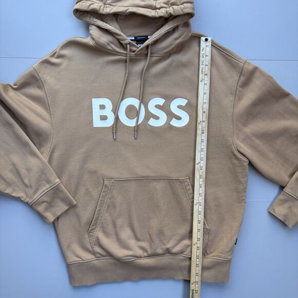 HUGO BOSS Sullivan Hoodie Men Large Heavyweight Cotton Terry Oversize Fit Tan - Picture 7 of 11